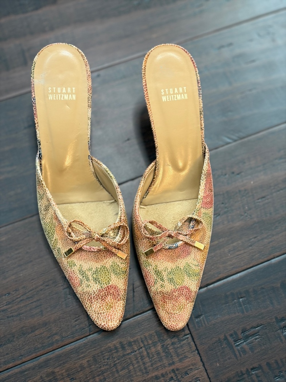 Vintage Stuart Weitzman Multicolor Floral Pointed Bow Mules - Picture 2 of 8